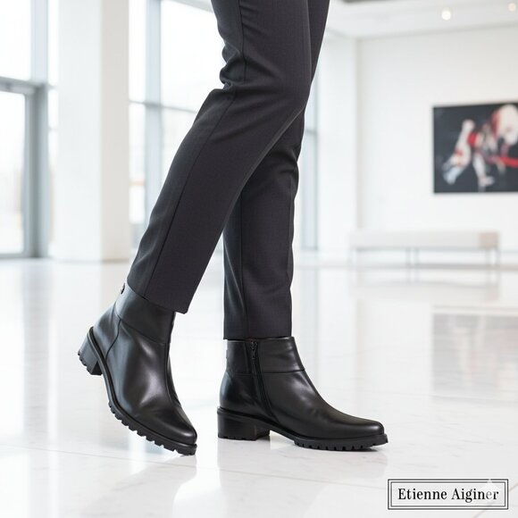 NWT Etienne Aigner Luxe All Leather Boots 9M Black Zip Brazil Ankle Pointed Toe - Picture 1 of 6